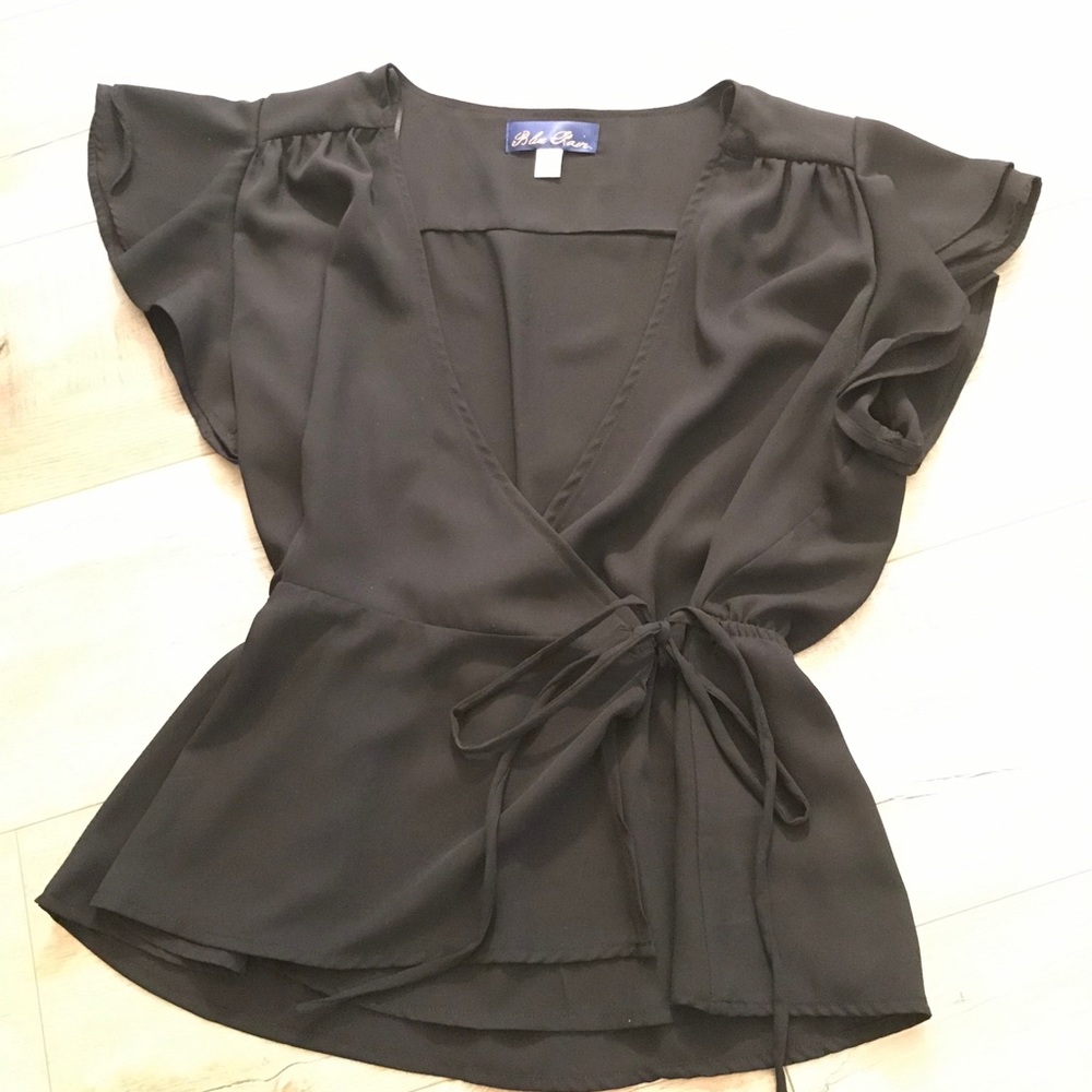 Black ruffle sleeve tie front blouse top